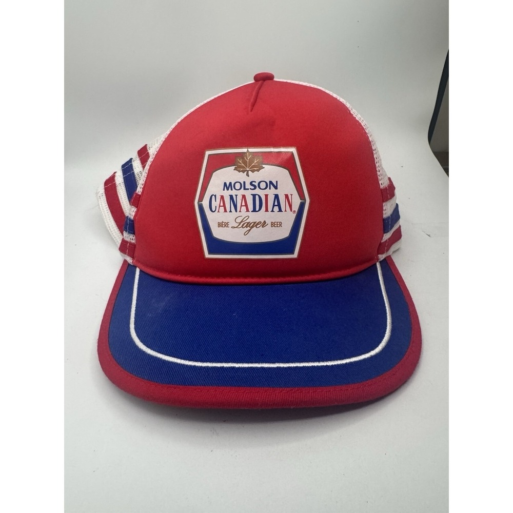 Molson Canadian Lager‎ 3 Strip Trucker Hat Red White Blue Mesh Back Snapback Cap
